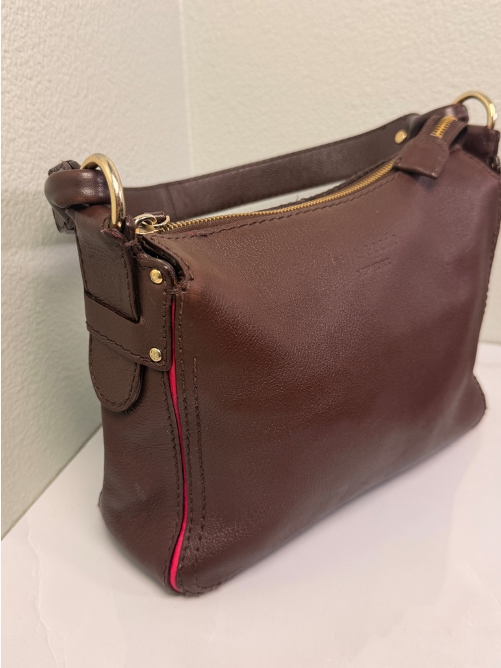 Kate Spade Dark Brown Leather Shoulder Bag Pink Trim Snakeskin pattern interior